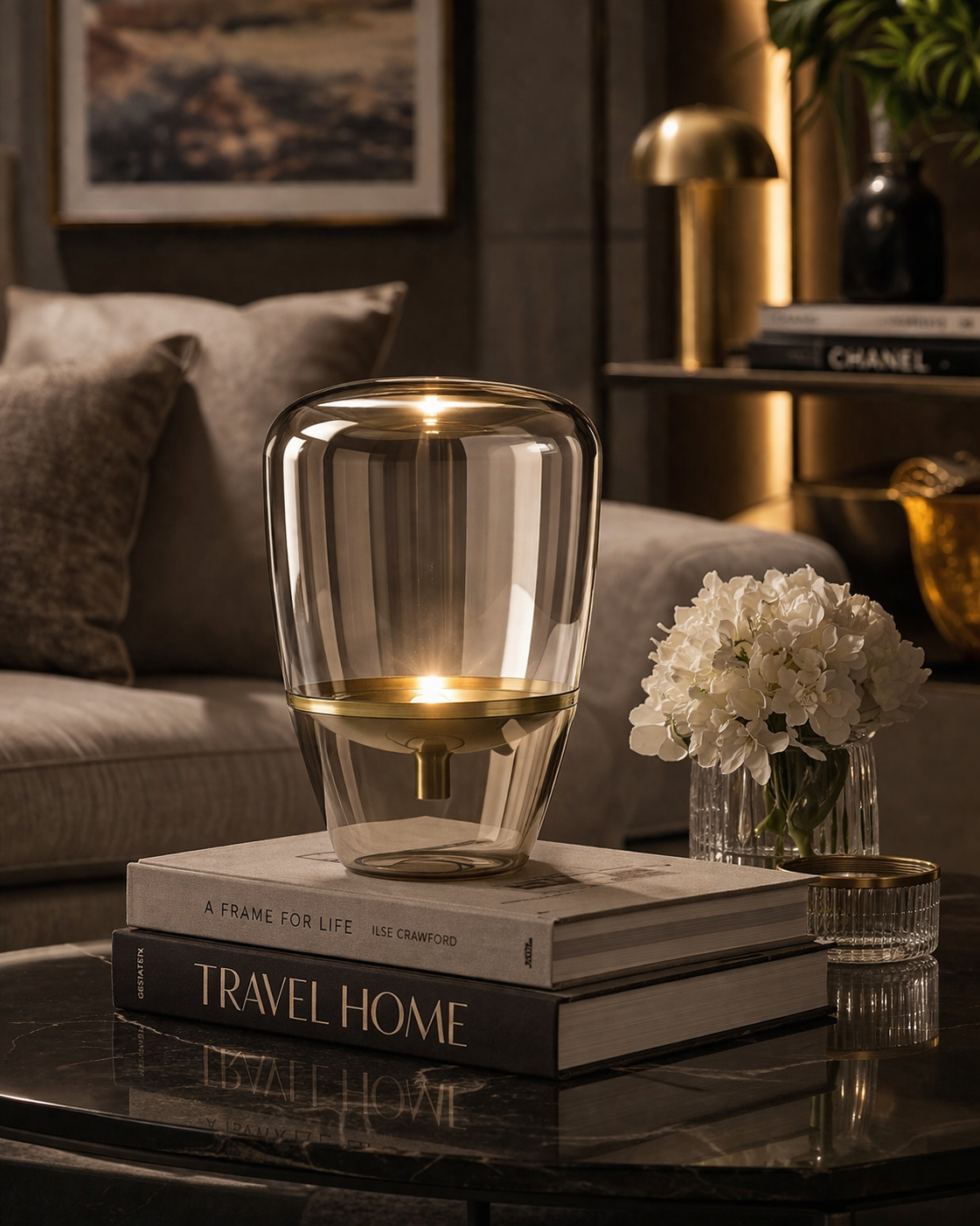 scandinavian glass table lamp on bedside table with soft ambient lighting
