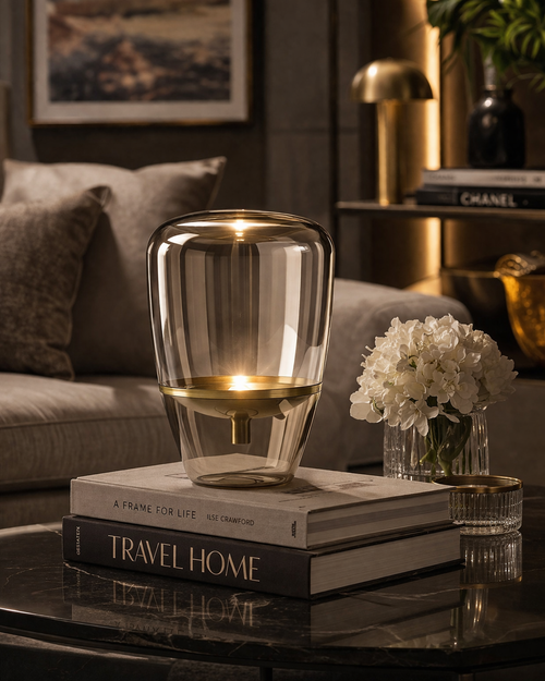 scandinavian glass table lamp on bedside table with soft ambient lighting